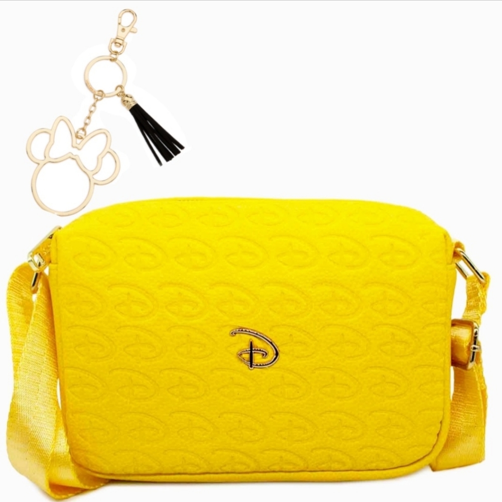 Disney Signature D Debossed Ylw Vegan Leather Crossbody & Minnie Purse Charm NWT